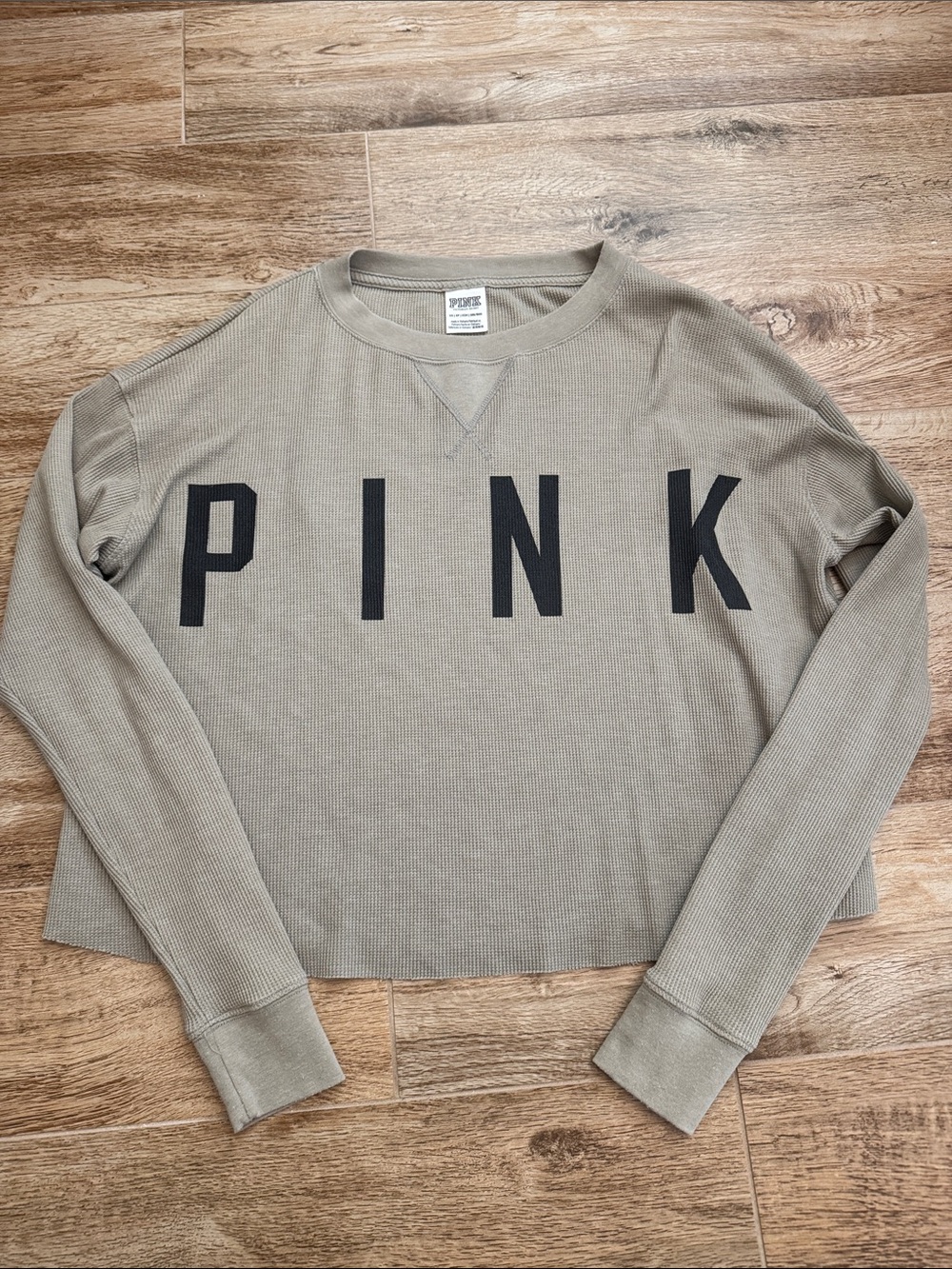 PINK Waffle Knit Crewneck Long Sleeve Top